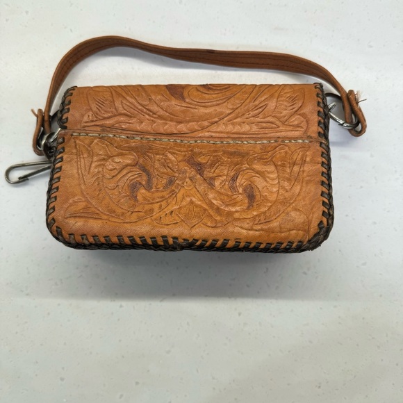 Vintage Handmade Tooled Leather Embossed Flap Over Mini Handbag Purse Western - Picture 5 of 6